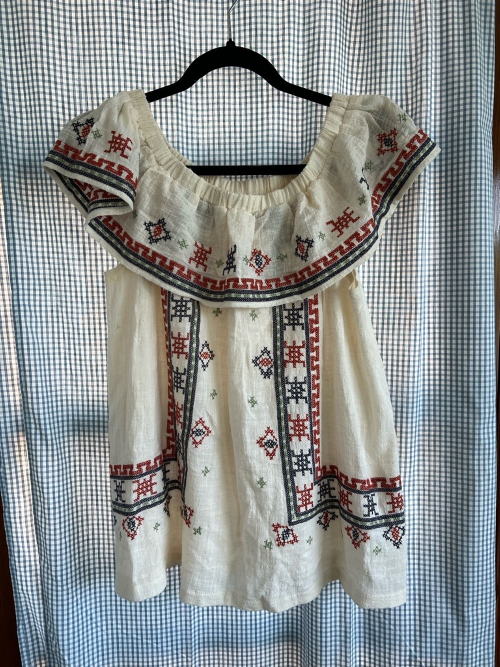 Ivory Off-Shoulder Embroidered Boho Tunic with Red, Black & Green Accents